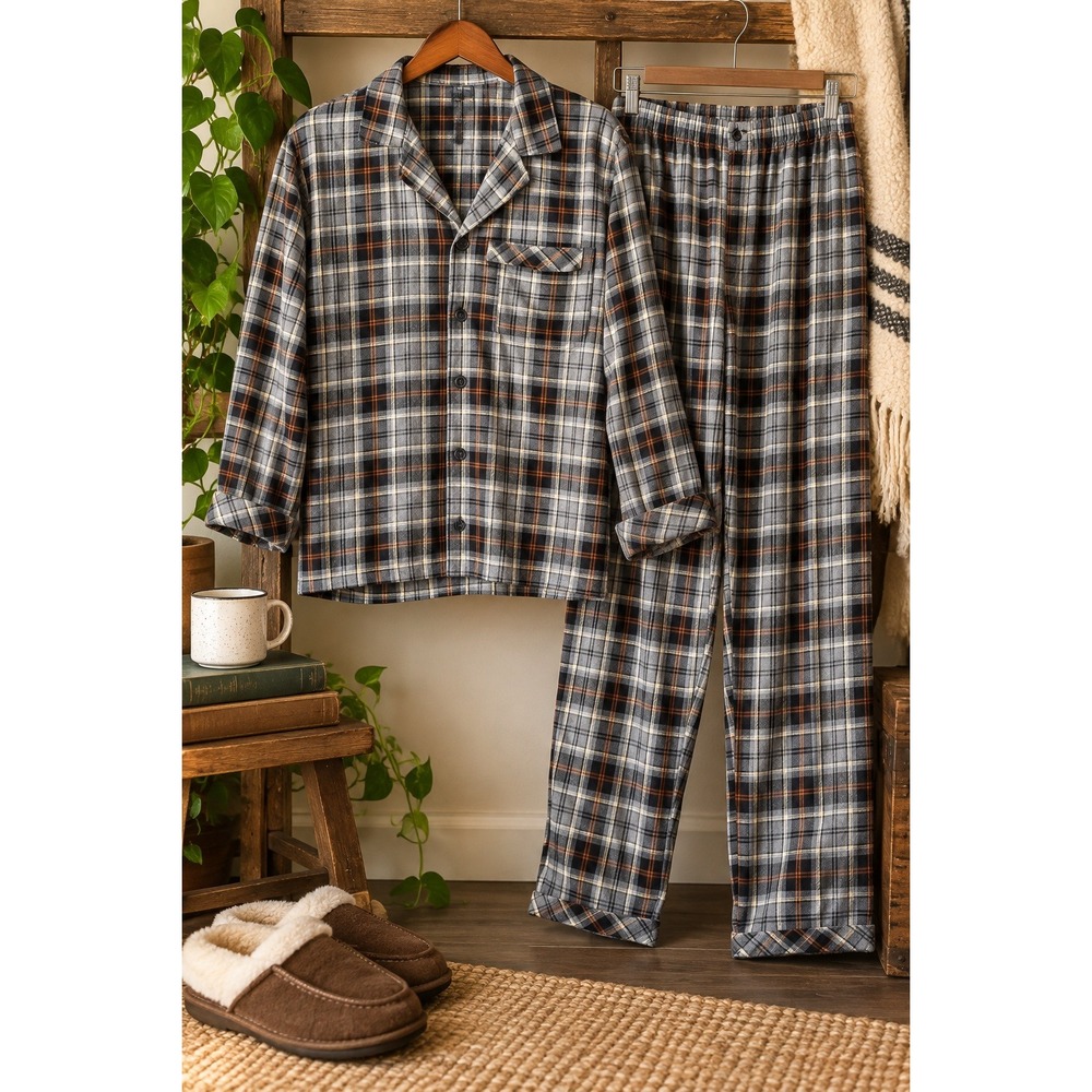Men's Plaid Flannel Pajama Set Button Front Lounge Sleepwear M Cabincore Classic